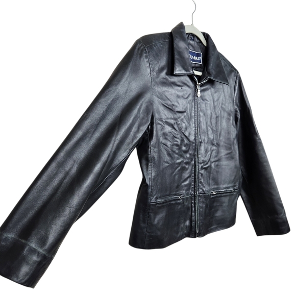 Saguaro Black 100% Leather Jacket Wide Collar Distressed Faded Womens Size L - Picture 4 of 11